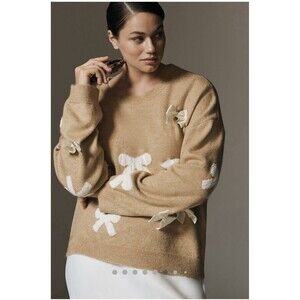 Anthropologie Maeve 3D Bow Demur Pattern Sweater Sz XL Honey